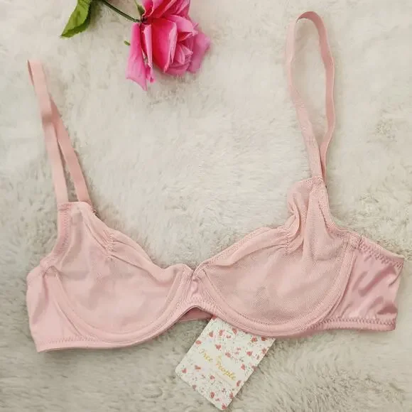 Free People Heart Throb Mesh Underwire Bra Silver Pink Balconette Satin Trim XS - Picture 1 of 9